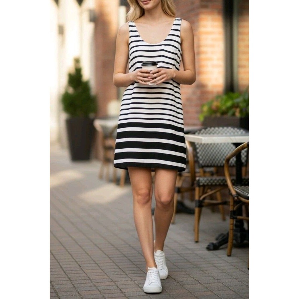 Joie 100% Silk Black Cream Sleeveless Striped Lined Mini Dress Size XS